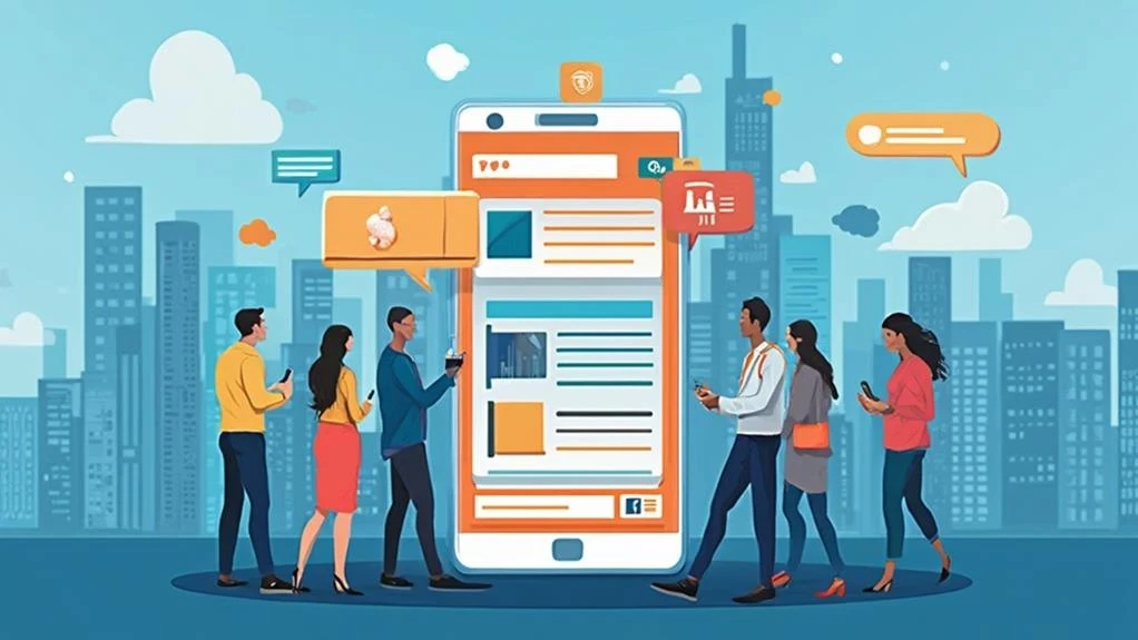 A group of people using smartphones, standing around a large smartphone with social media icons, set against a cityscape background.