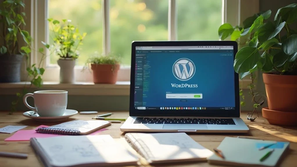 A laptop displaying a wordpress login screen is on a wooden desk, surrounded by notebooks, papers, a coffee cup, and potted plants.