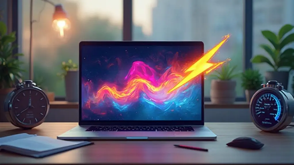 A laptop on a wooden desk showcases vibrant digital artwork of colorful waves and a lightning bolt, perhaps inspiring small business website development. The room is softly lit by a lamp, with clocks and potted plants on either side.