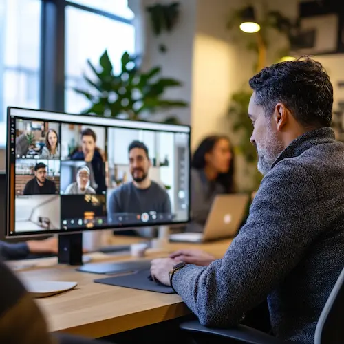 A group of business leaders gathers around a conference table, discussing web design services, SEO optimization, branding strategies, and e-commerce solutions for their digital marketing agency.