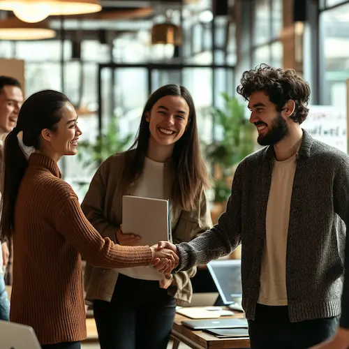 The image shows a meeting between a digital marketing agency and a client discussing web design services, focusing on SEO optimization, social media marketing, and e-commerce solutions.