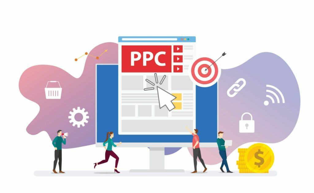 A vibrant graphic illustrating a digital marketing agency's services, featuring web design services, ppc advertising, seo optimization, and social media marketing with elements of e-commerce solutions and branding strategy.