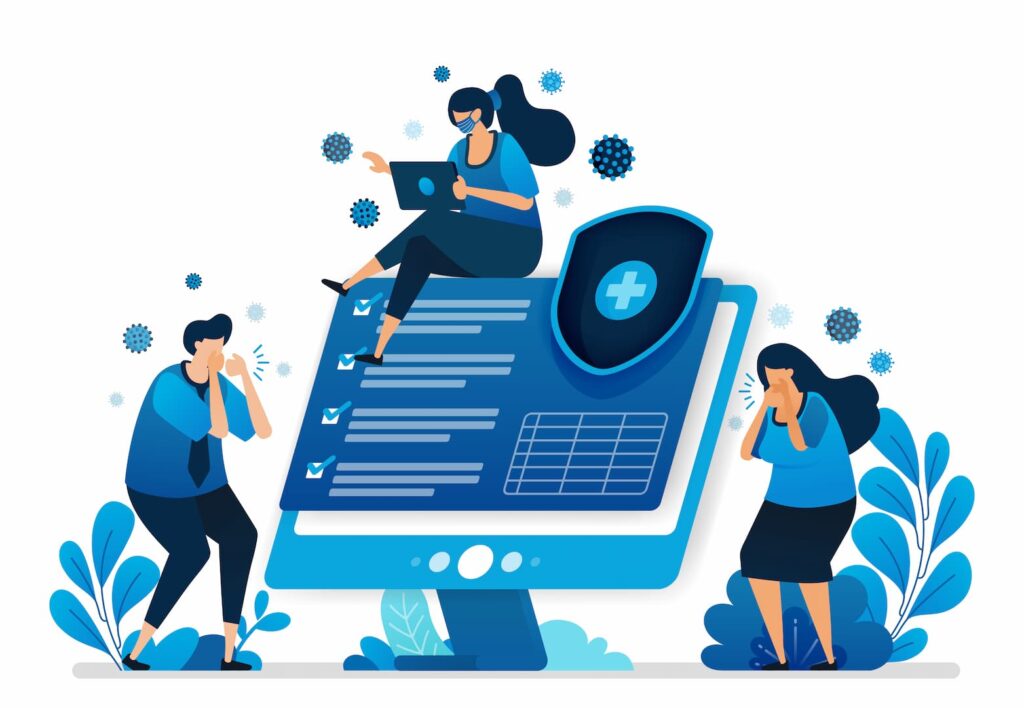 An illustration depicts three people near a computer screen displaying a health checklist and shield icon, while virus symbols float ominously. This serves as a reminder of essential web design tips for creating user interfaces that emphasize security and clarity.