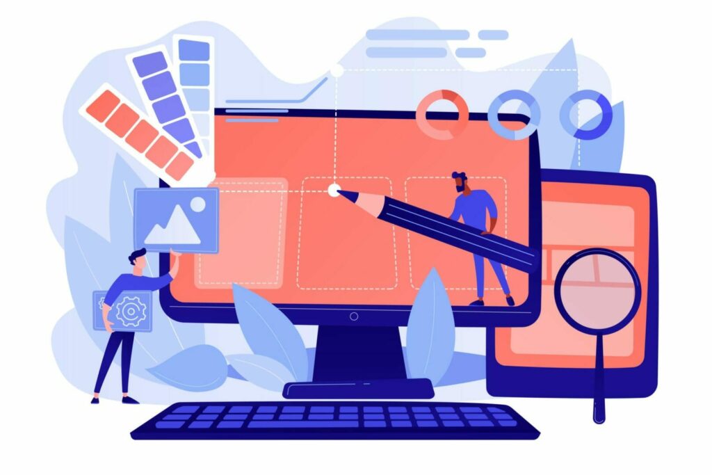 The image showcases a modern workspace featuring web design services, highlighting digital marketing agency tools for SEO optimization, responsive web design, and social media marketing.