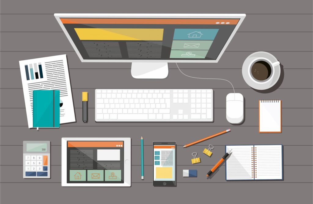 The image showcases a digital marketing agency's workspace, highlighting web design services, SEO optimization, and responsive web design for effective content creation and e-commerce solutions.