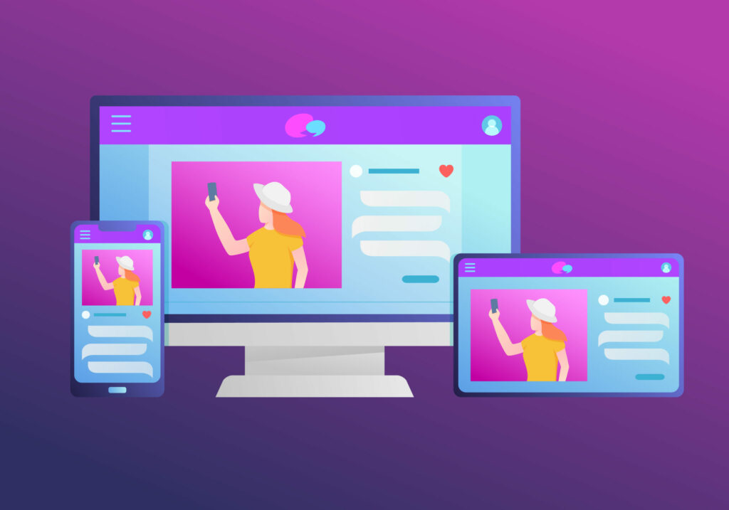 The image illustrates responsive web design concepts, showcasing a variety of devices displaying websites, representing web design services and digital marketing agency solutions like SEO optimization and content creation.