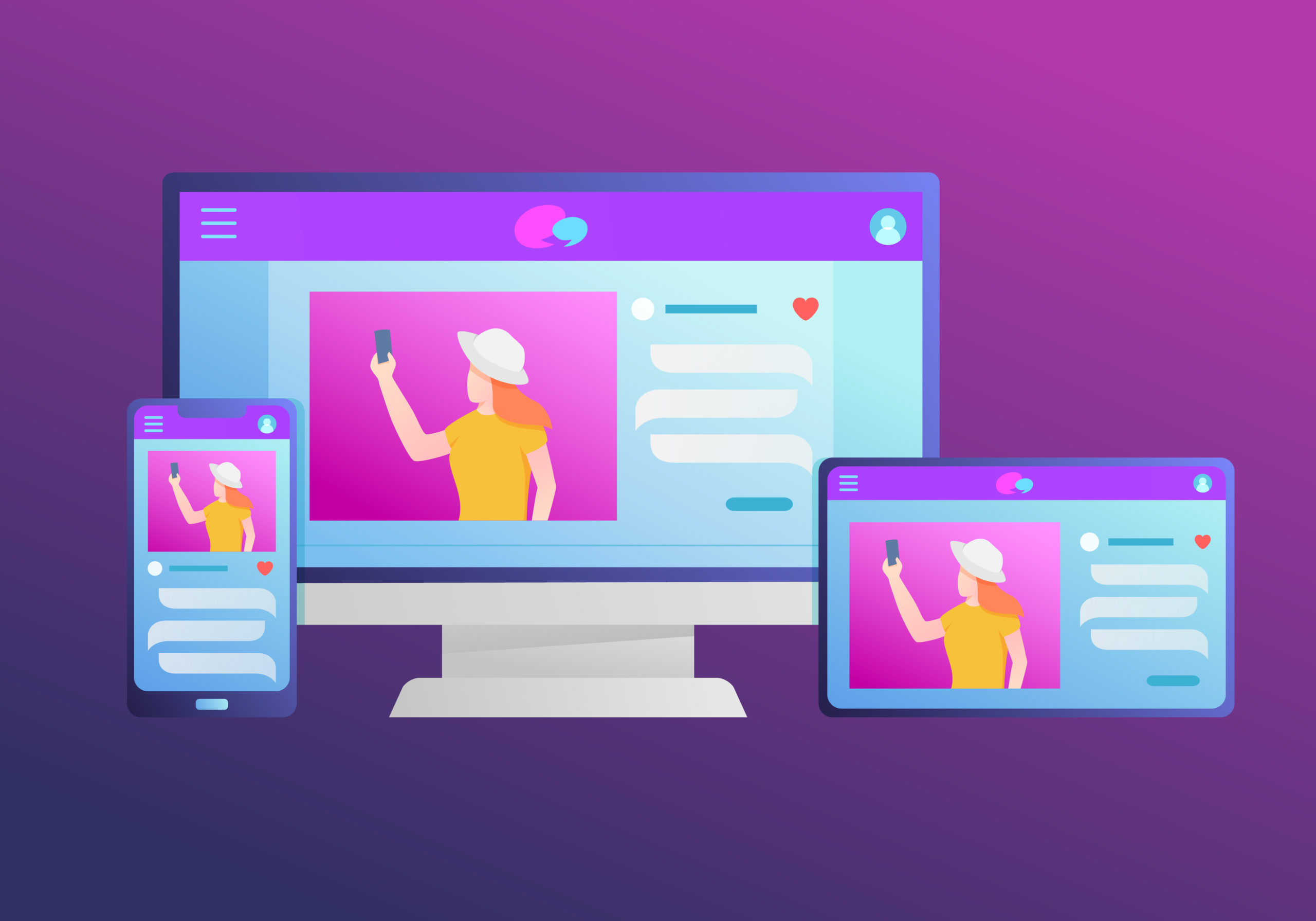 The image illustrates responsive web design concepts, showcasing a variety of devices displaying websites, representing web design services and digital marketing agency solutions like SEO optimization and content creation.