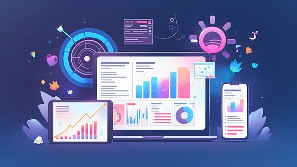 Digital illustration of a laptop, tablet, and smartphone displaying colorful graphs and charts, surrounded by abstract icons and symbols on a blue background.