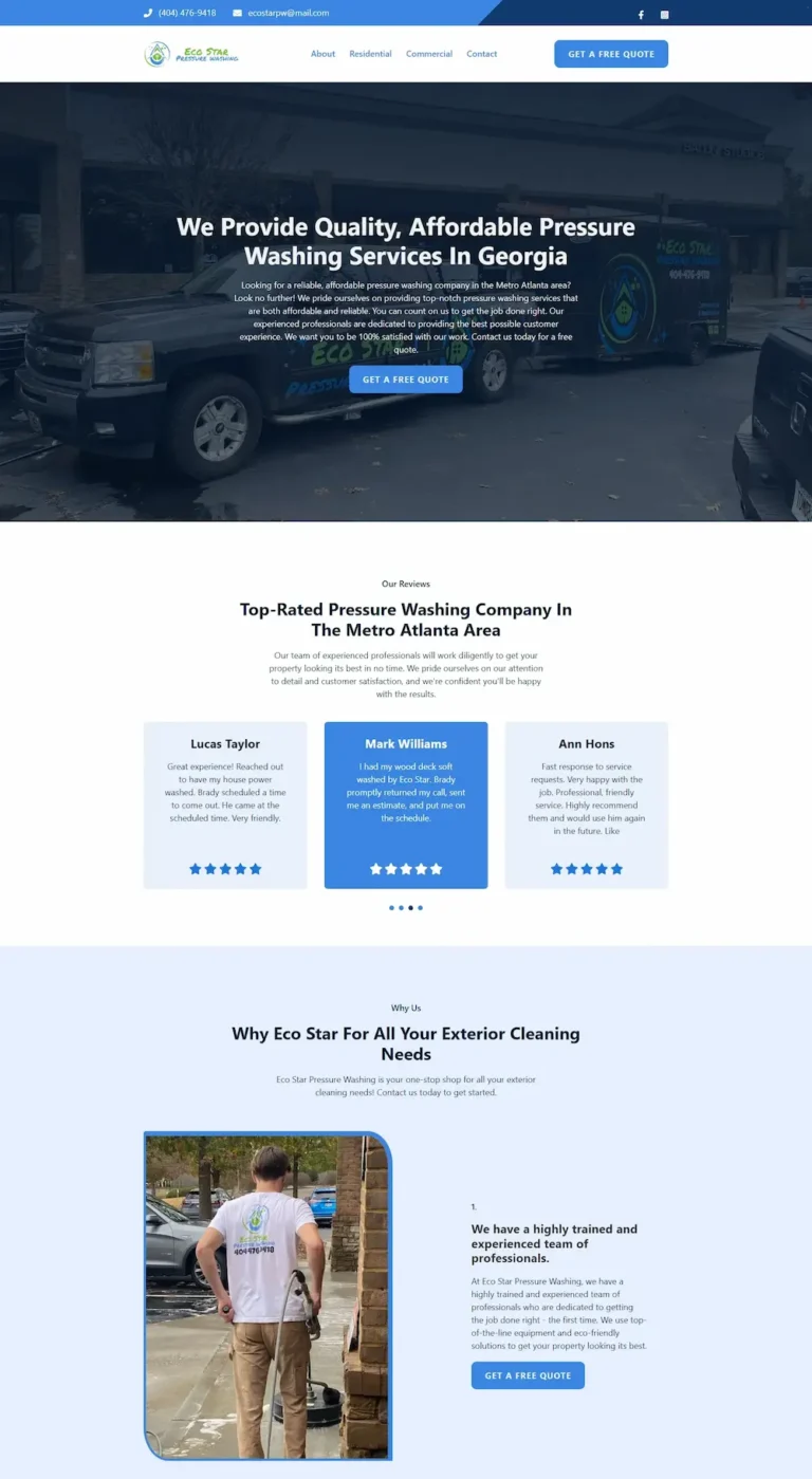 Screenshot of a pressure washing service website featuring a company truck, service description, customer testimonials, and an employee with equipment.