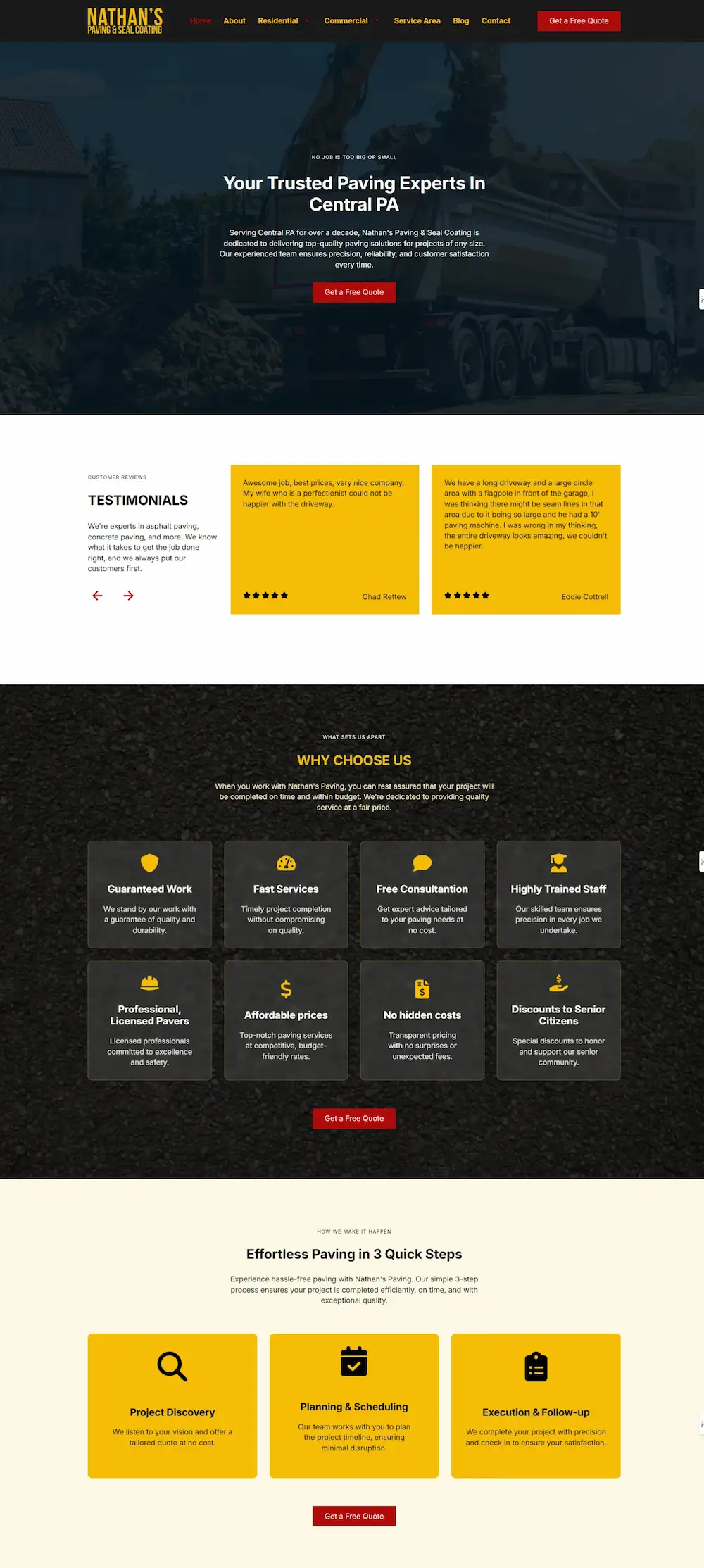 Screenshot of Nathan’s Paving website homepage, featuring a header with navigation links, main content emphasizing paving services and testimonials, and a "Why Choose Us" section.
