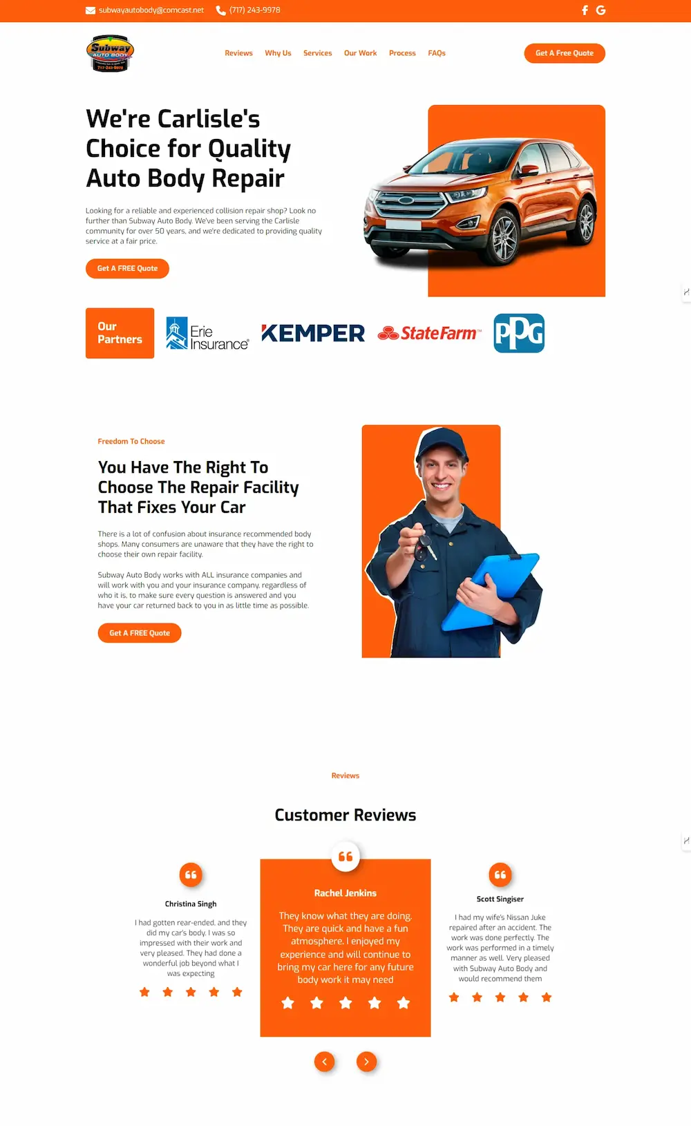 Auto repair service website featuring a bright orange car, partner logos, a mechanic holding a clipboard, and customer reviews.