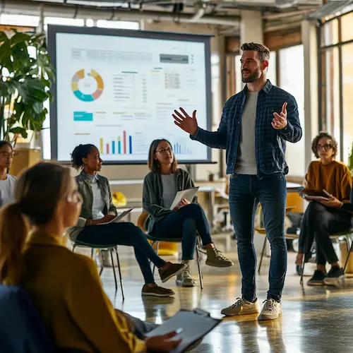 Image of a professional team leader standing confidently in an office, discussing strategies for web design services, digital marketing agency, SEO optimization, and social media marketing.