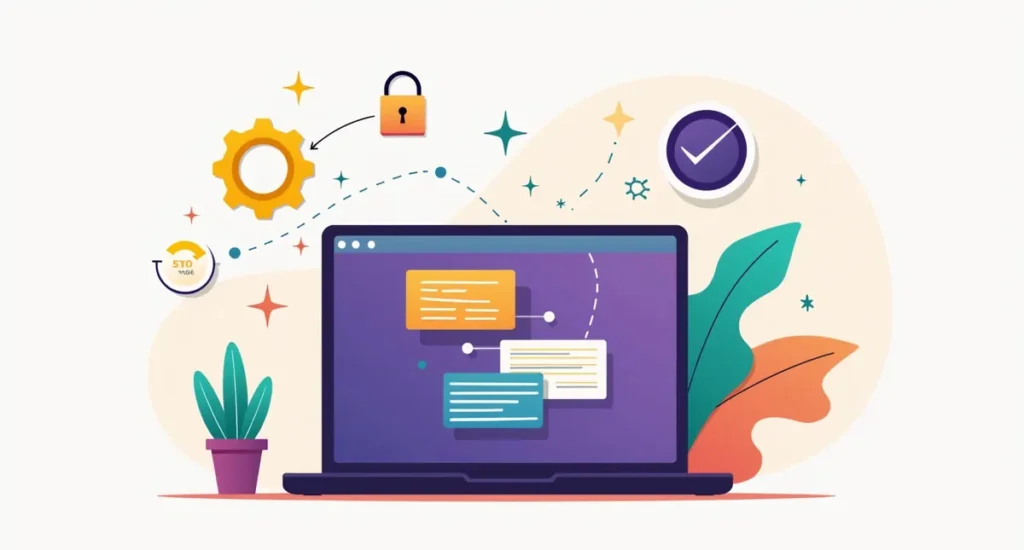 Illustration of a laptop with a gear, padlock, speed gauge and check mark around it