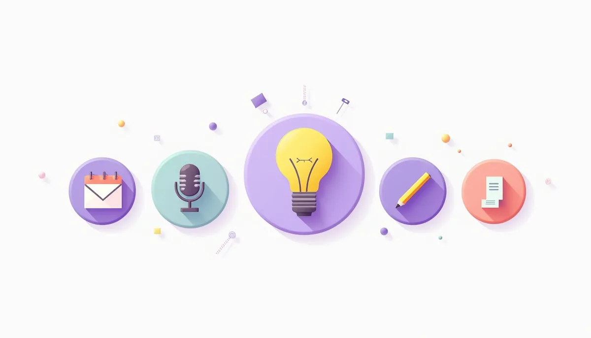 Illustration of seven tiles with icons for email, calls, calendar, chat, writing, reminders and receipts around a lightbulb