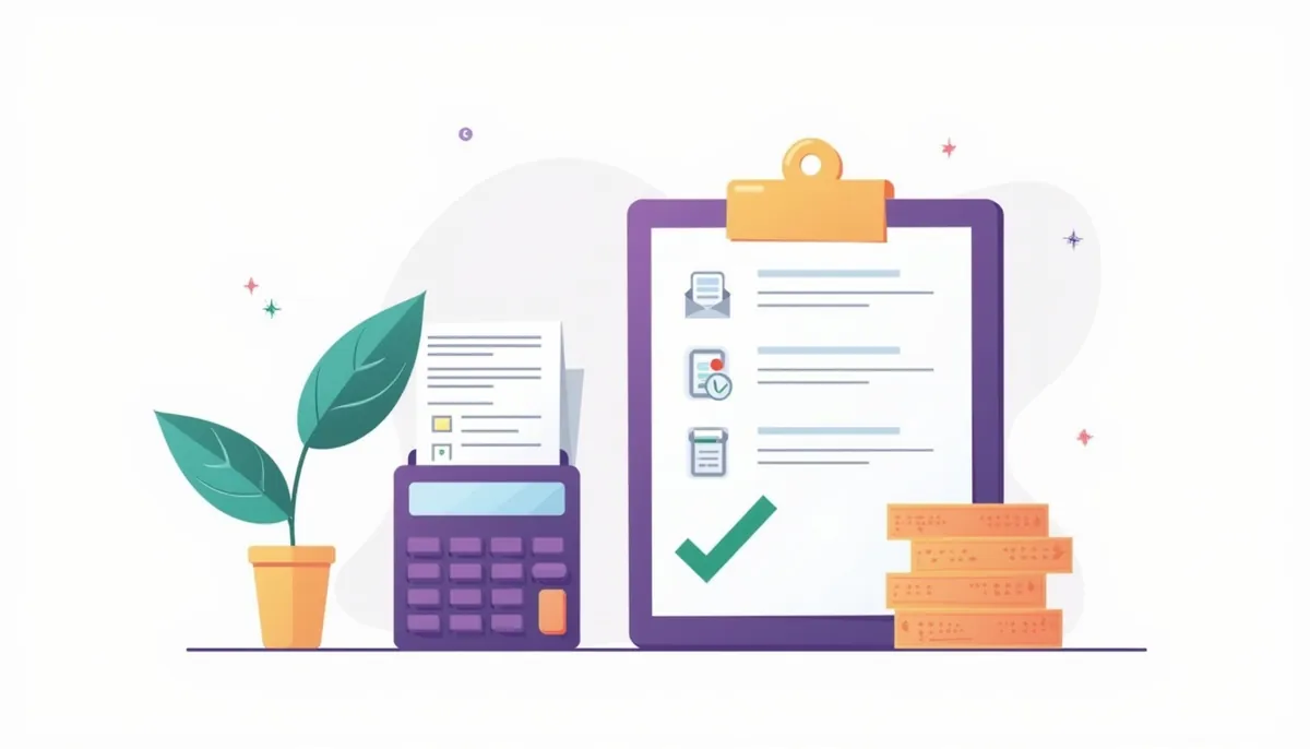 Illustration of receipts, a calculator and a checked clipboard