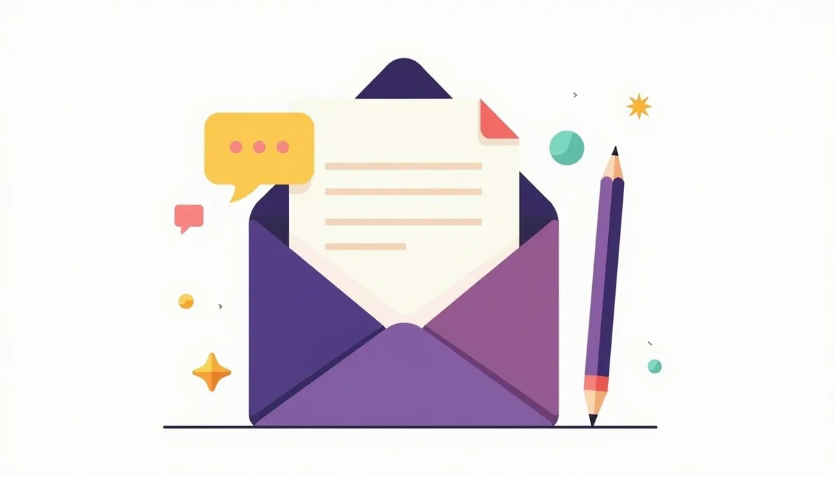 Illustration of an envelope with a drafted reply, a pencil and a speech bubble