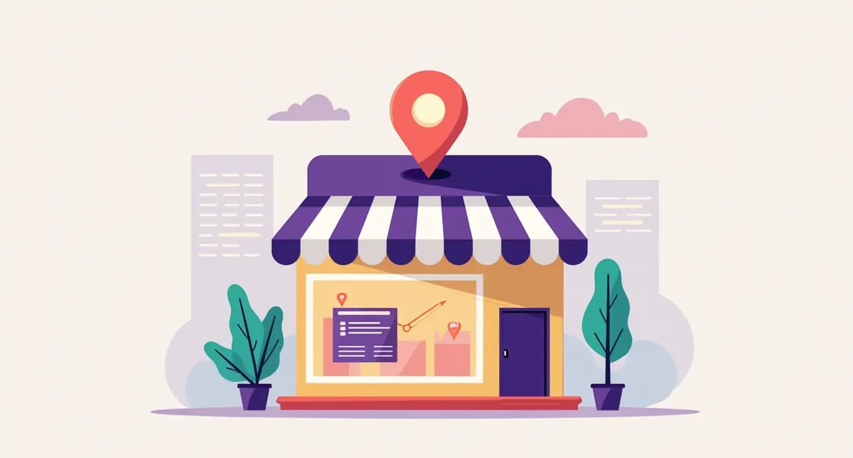 Illustration of a storefront with a website window above the door and a map pin