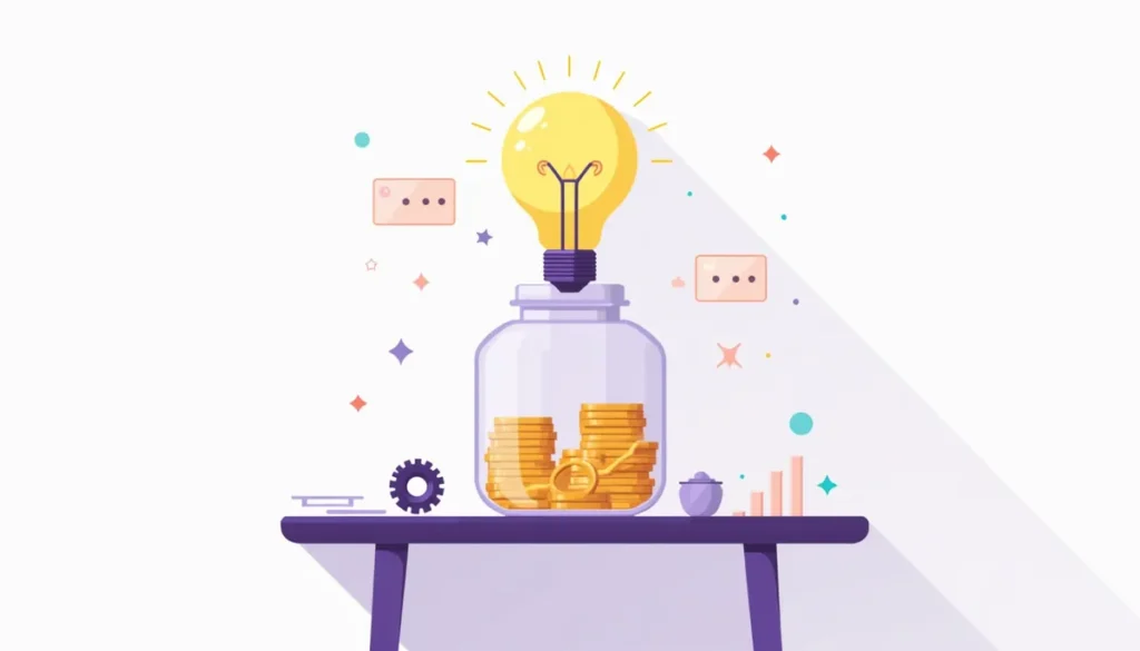 Illustration of a coin jar, a lightbulb and a gear, showing affordable AI automation for small business