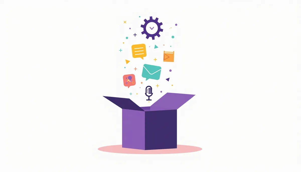 Affordable Ai Automation For Small Business: Start Free 2 Illustration of an open box releasing icons for a gear, calendar, speech bubble, microphone and envelope, showing free ai tools