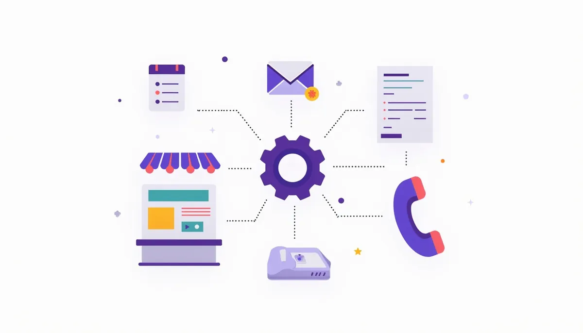 Illustration of a shop desk with a calendar, envelope, receipt and phone linked to a central gear, showing AI automation for small business