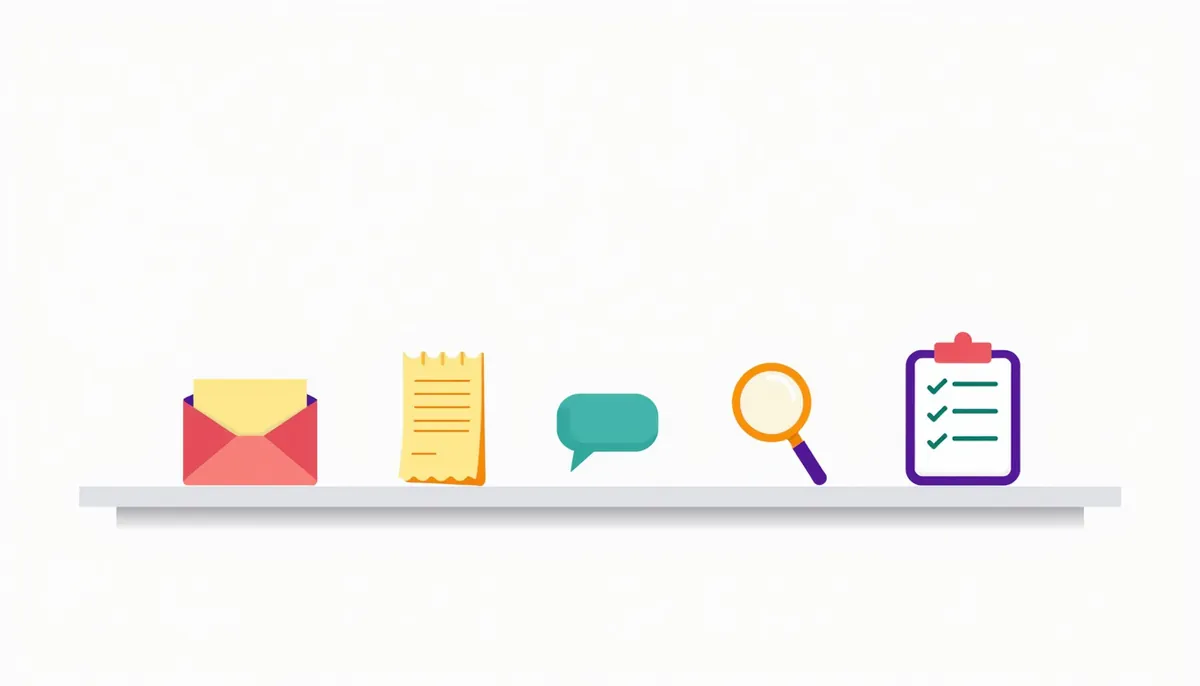 Illustration of a shelf with icons for email, receipts, speech bubbles, search and checklists, the jobs ai automation handles well