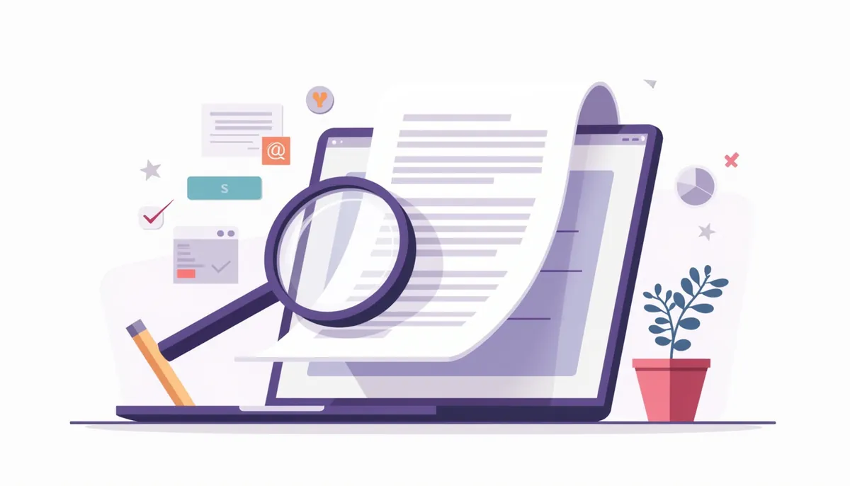 Illustration of a magnifying glass reviewing a document next to a shield