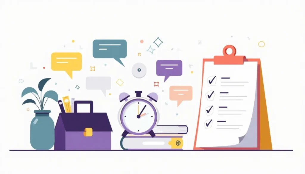 Illustration of a clock, a toolbox, a speech bubble and a checklist for AI tips for small business owners