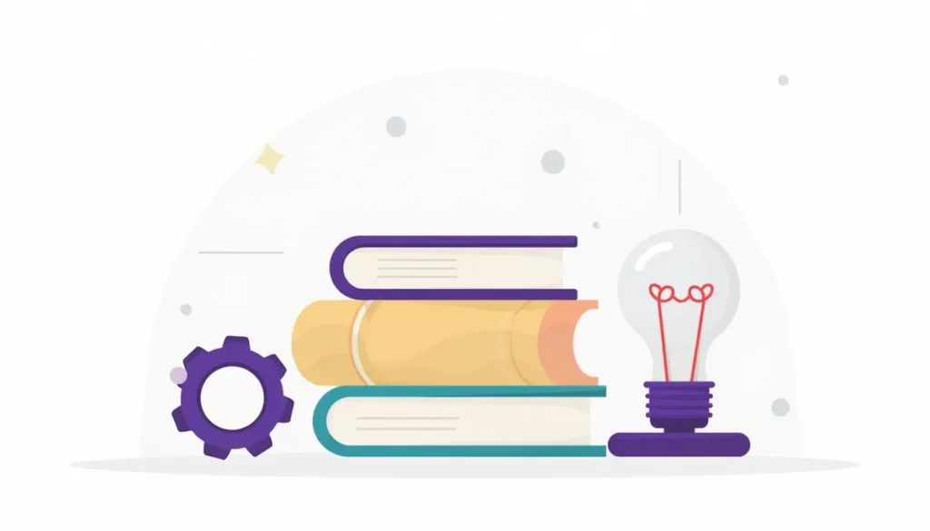 Illustration of books, a lightbulb and a gear, for a beginner's guide to AI automation