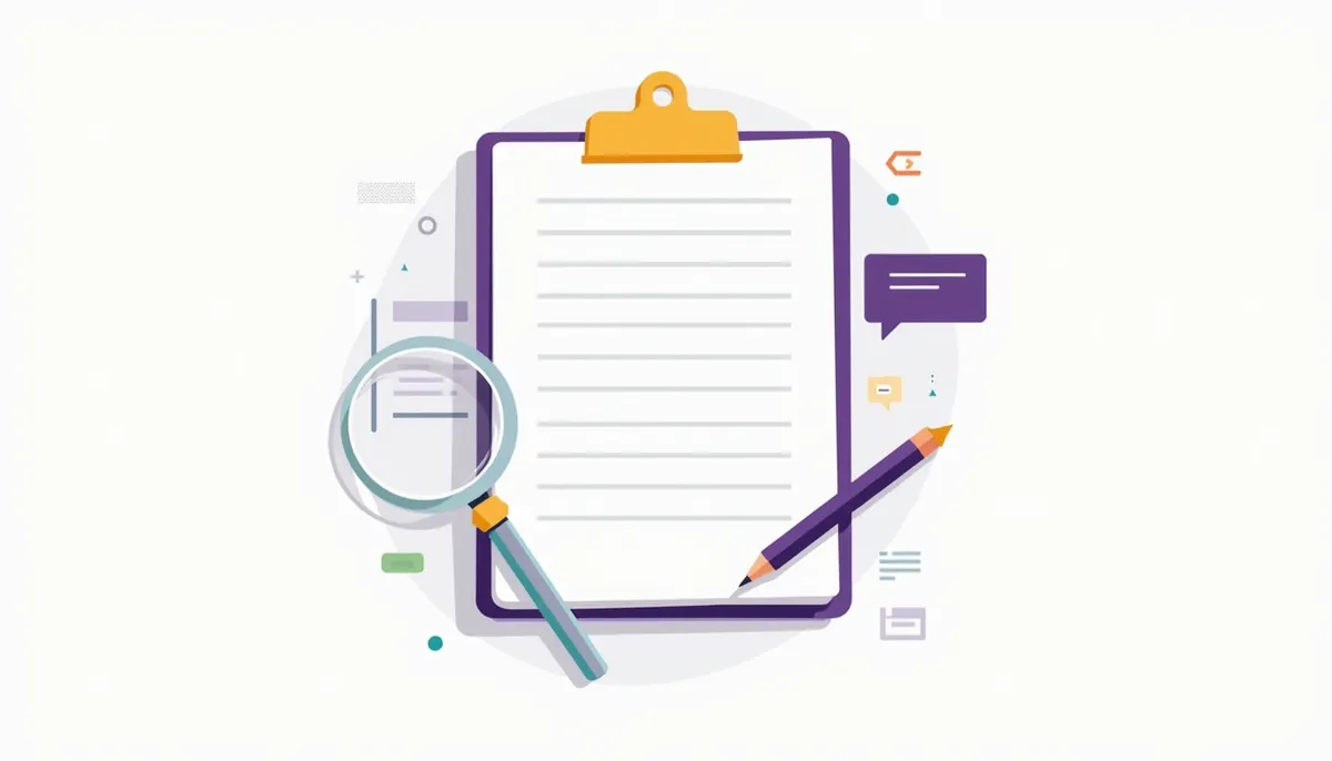 Illustration of a notepad, a magnifying glass and a speech bubble for an ai glossary