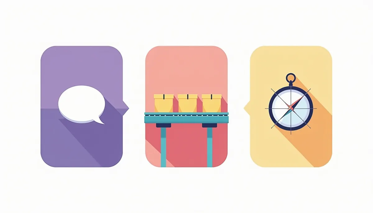 Illustration of a speech bubble, a conveyor belt and a compass for assistants, automations and agents