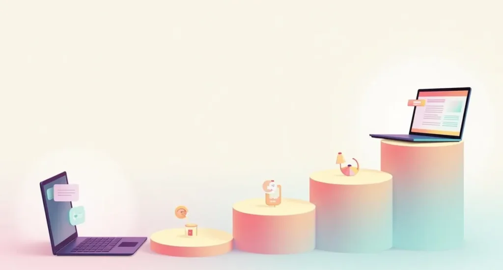 Illustration of five stepping stones leading to a finished website window