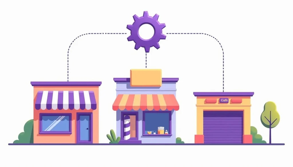 Illustration of a cafe, a salon and a workshop storefront linked to a central gear, showing AI automation examples by business type