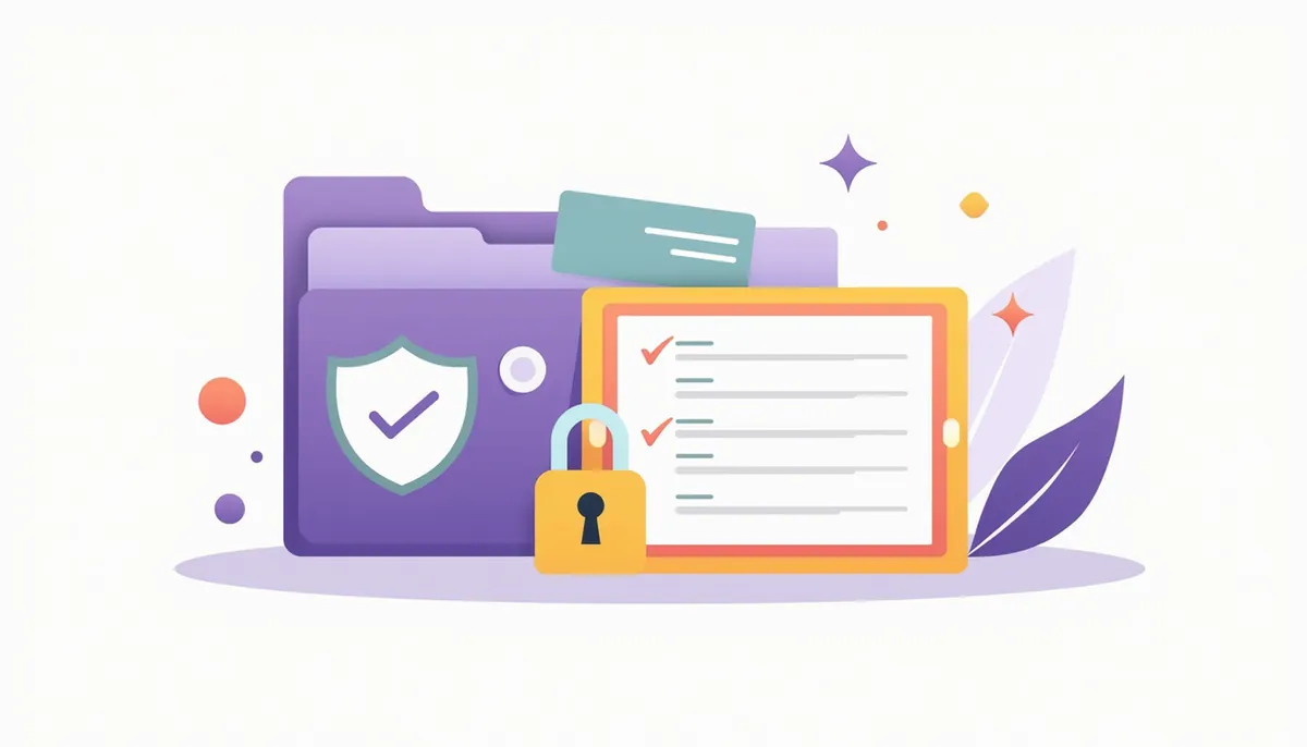 Illustration of a folder, a shield and a checklist for office intake and documents
