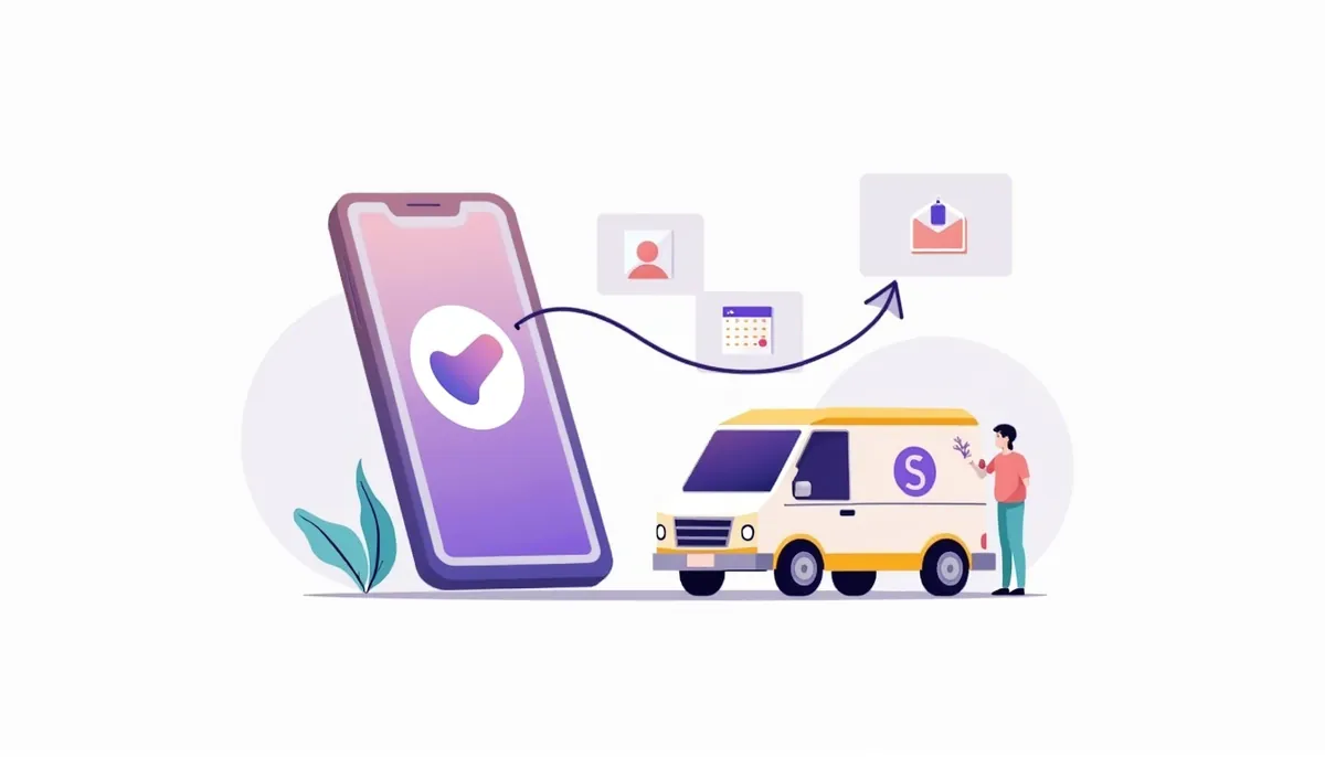 Illustration of a service van, a phone and a reply bubble for missed-call follow-up