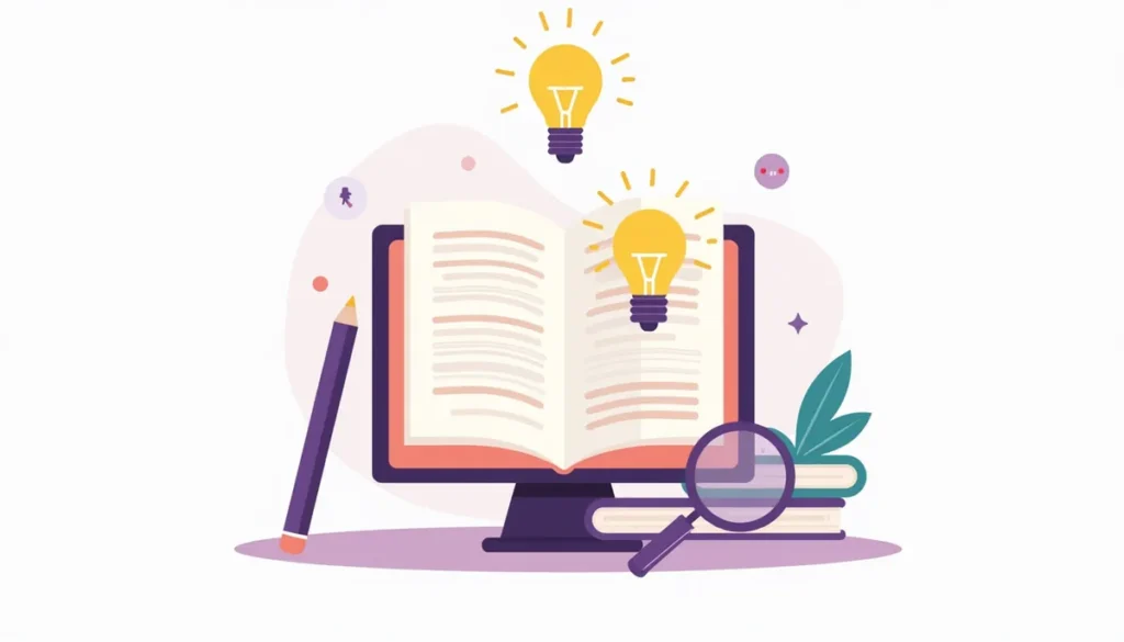 Illustration of a notebook, lightbulb and web pages for content ideas