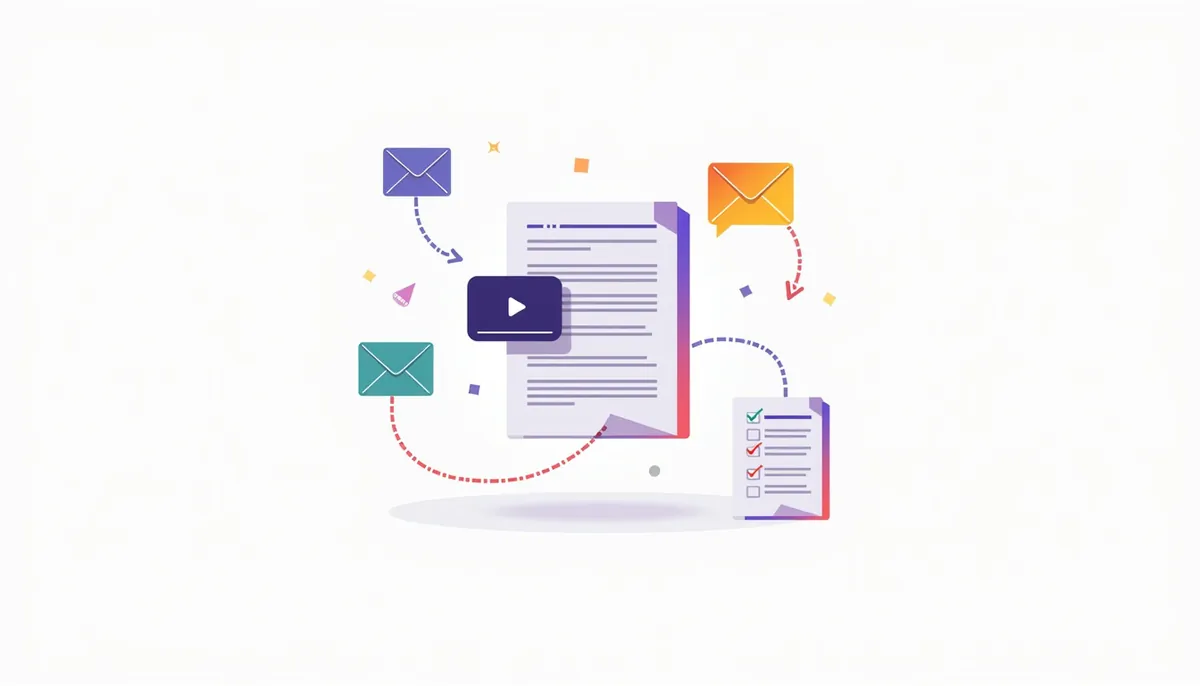 Illustration of one article turning into a video, an email, a social post and a checklist