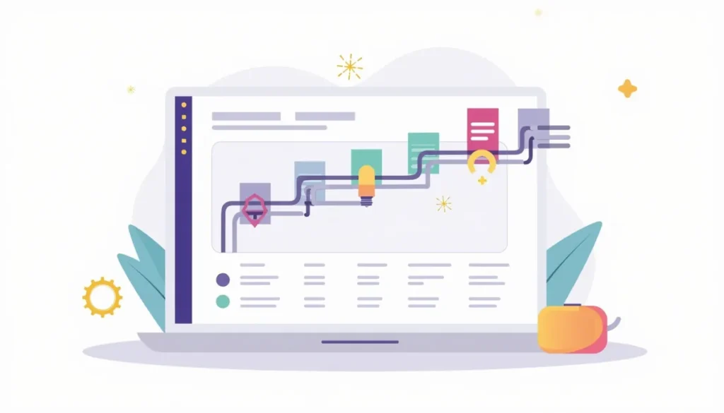 Illustration of a CRM dashboard with pipeline cards, a gear and a sparkle for AI-assisted automation