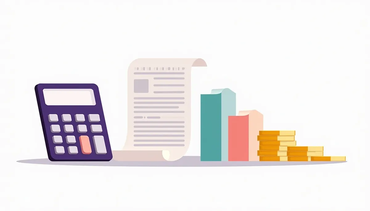 Illustration of a calculator, a long receipt, colored bars and a stack of coins