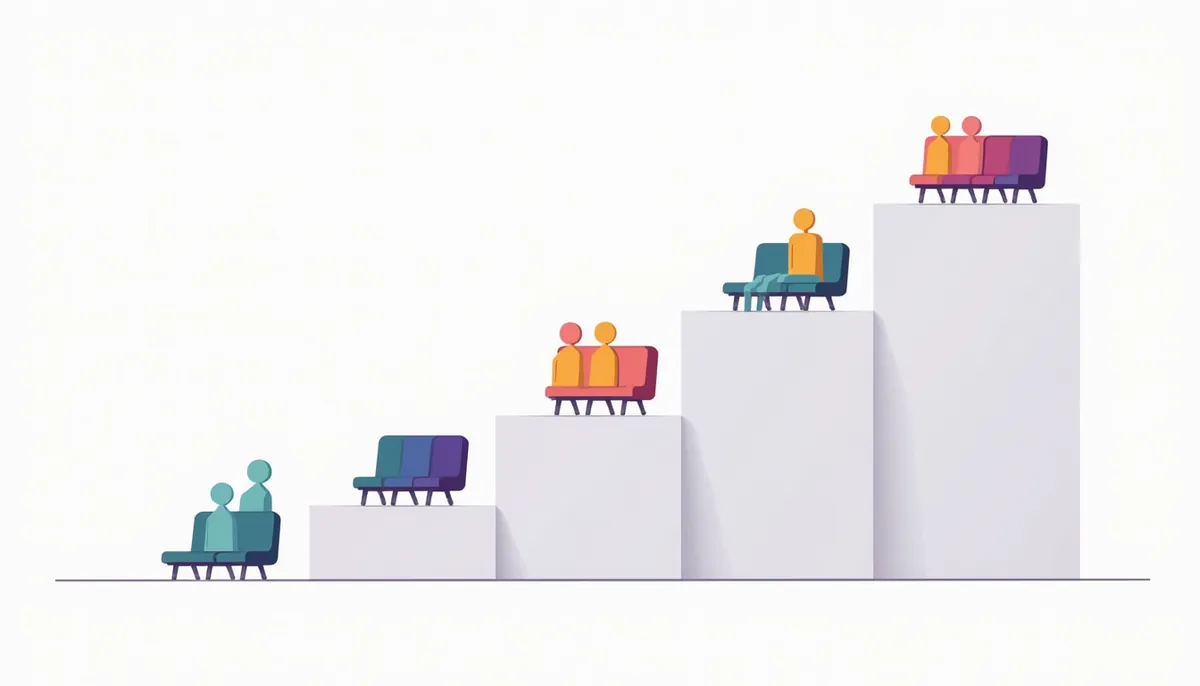 Illustration of rising steps with more seats and figures on each higher step