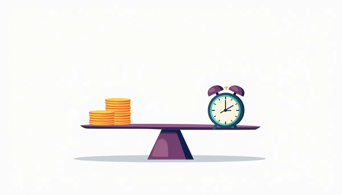Illustration of a balance with a stack of coins on one side and a clock on the other