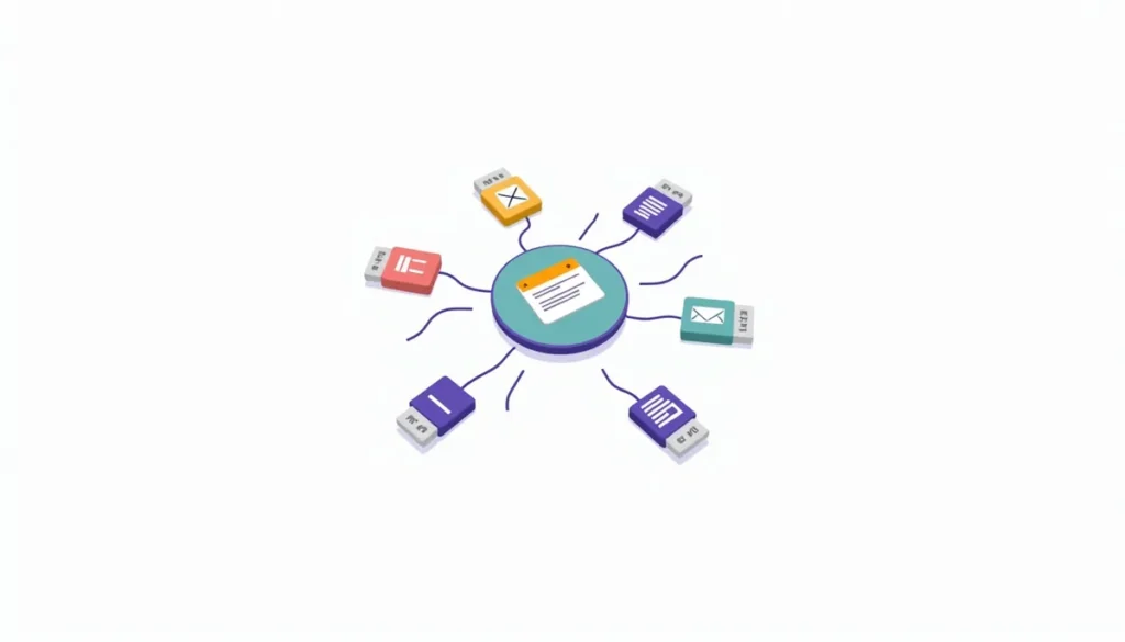 Illustration of a central CRM hub plugged into small app tiles for forms, email, calendar, phone and invoices