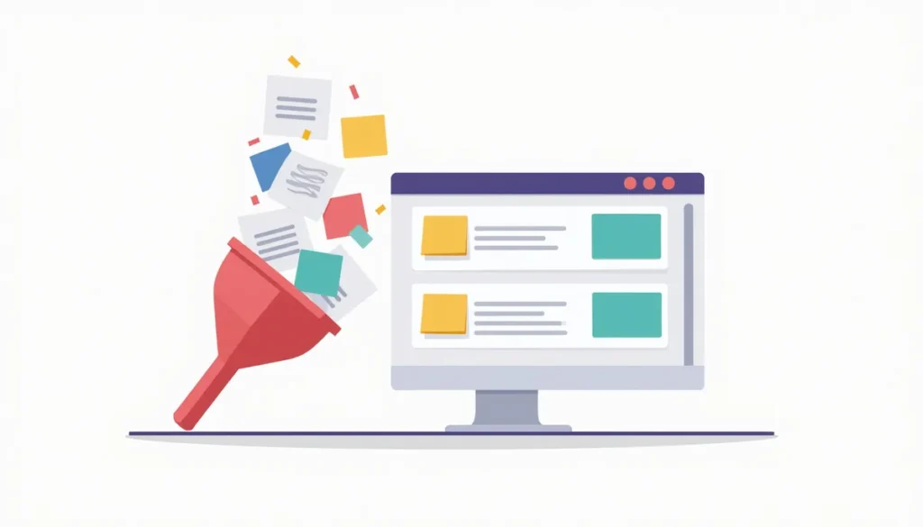 Illustration of loose papers and sticky notes flowing through a funnel into a tidy CRM window