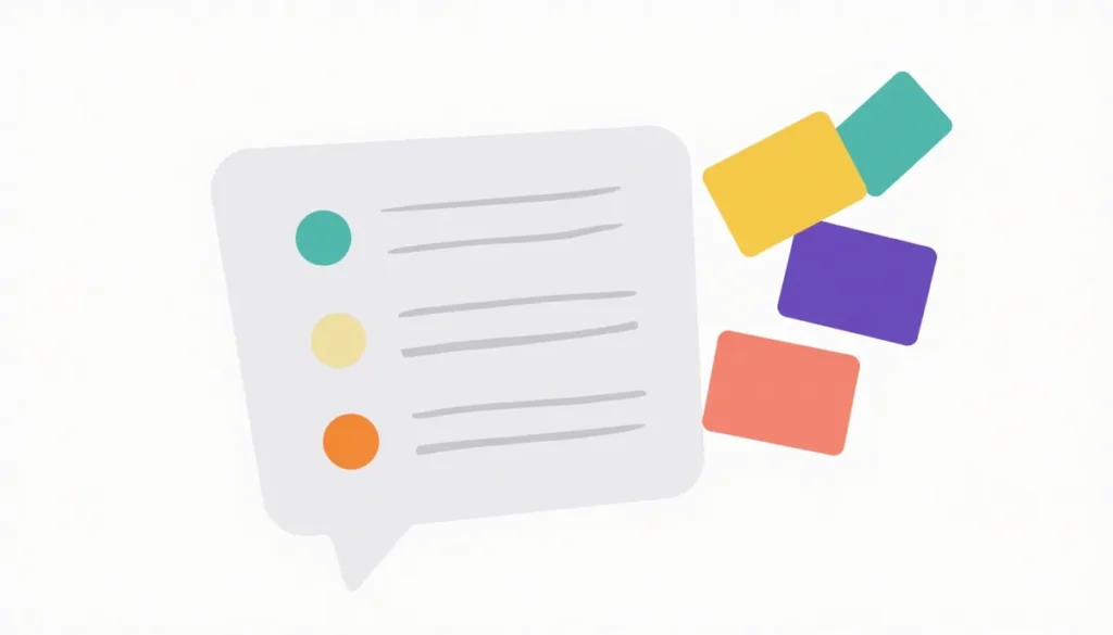 Illustration of a message bubble with colored dots beside a few colored contact cards