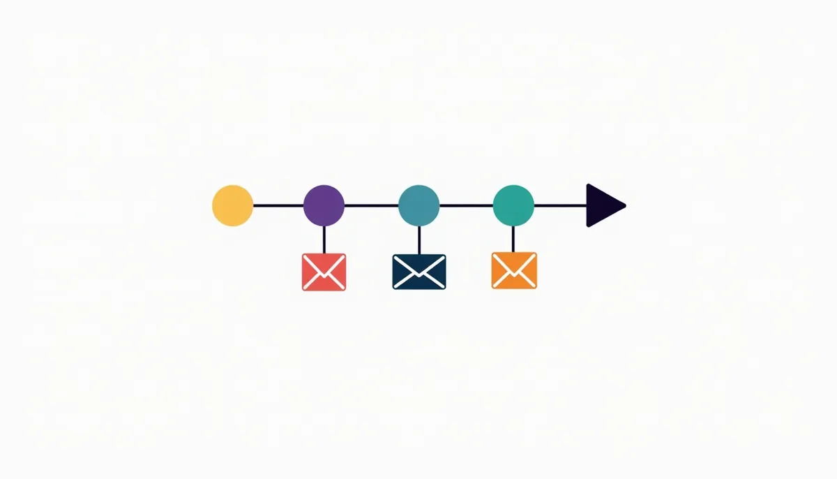 Illustration of a timeline arrow with dots and envelopes hanging from three of them
