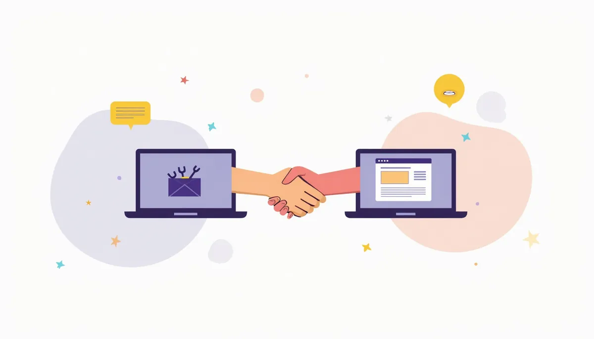 Website Maintenance For Small Business: The Full Routine, Before Something Breaks 5 Illustration of a toolbox on one laptop and a website on another joined by a handshake, showing diy versus hired maintenance