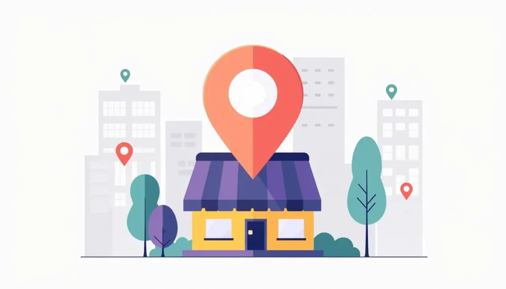 Map pin over a storefront with a search bar
