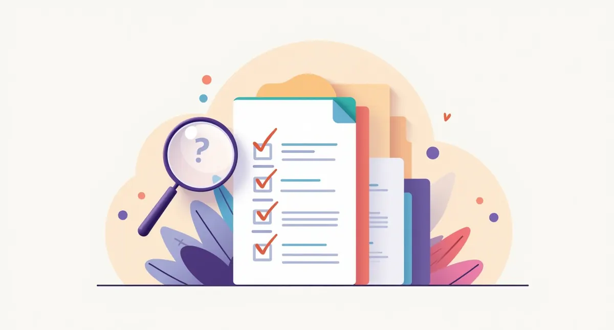 Illustration of a checklist with question marks and a magnifying glass over portfolio cards