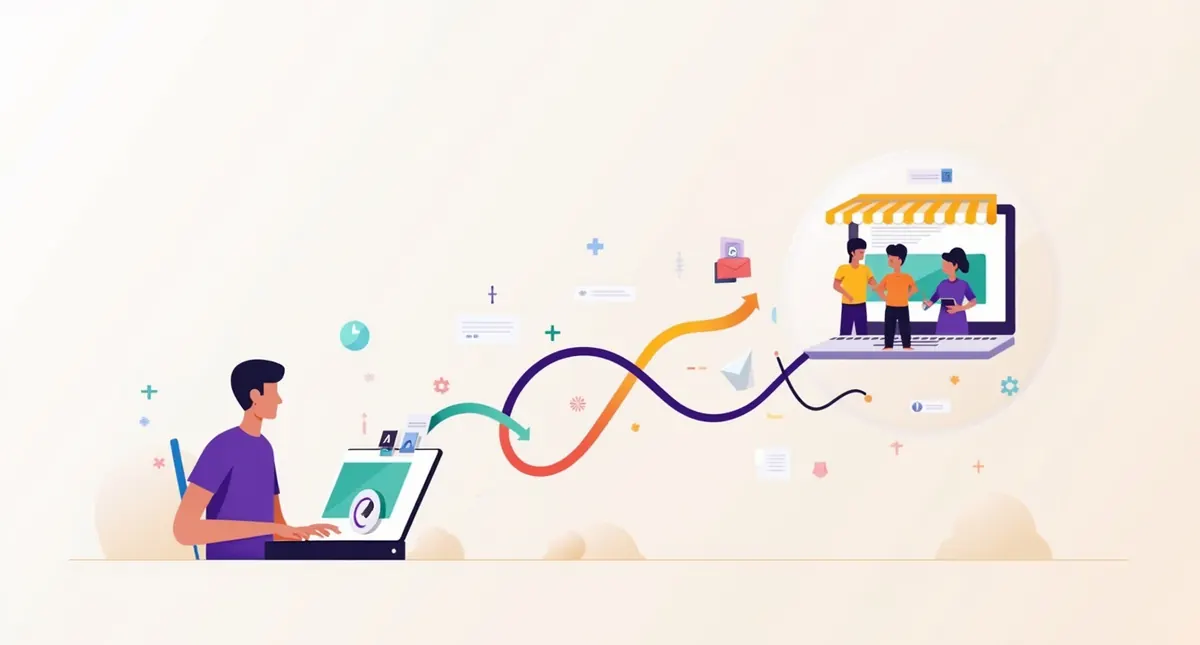 Illustration of three paths to a website: toolbox, single helper and team