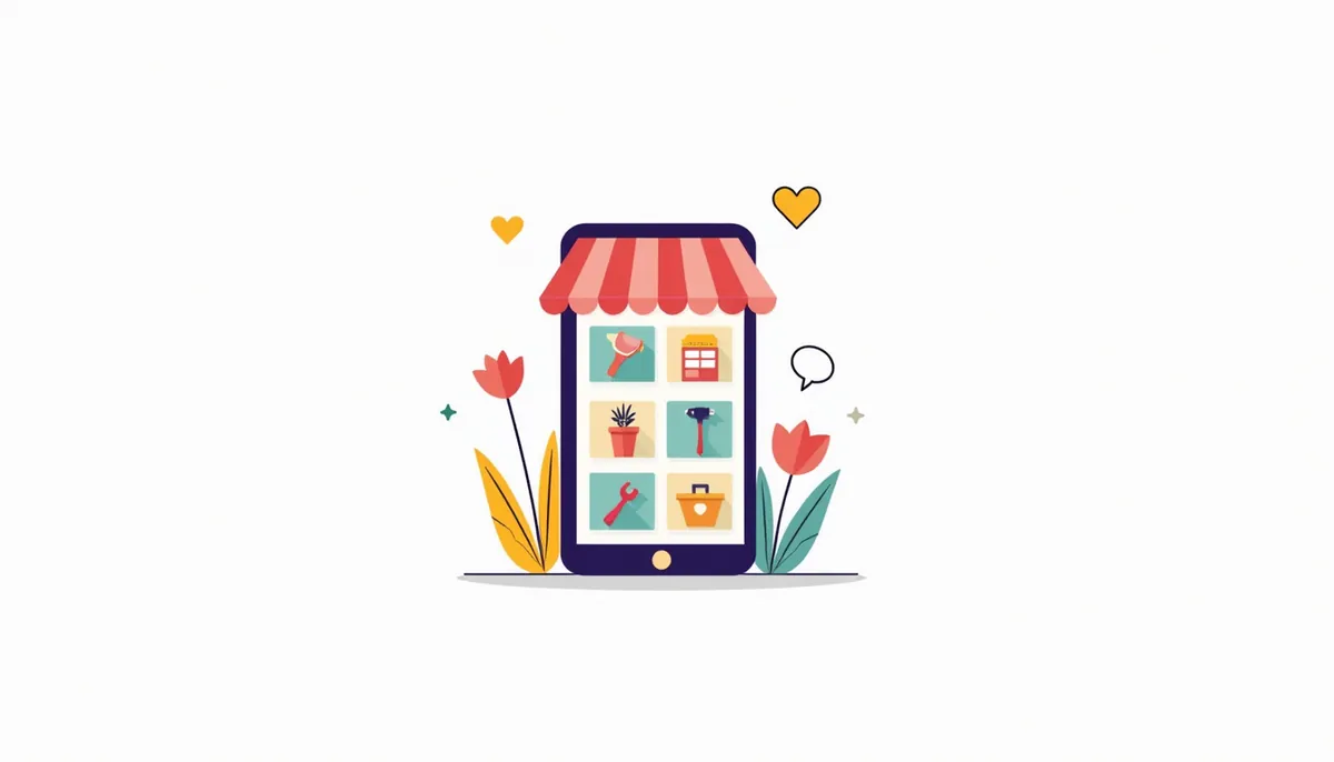 Illustration of a phone showing an instagram-style photo grid for a local business
