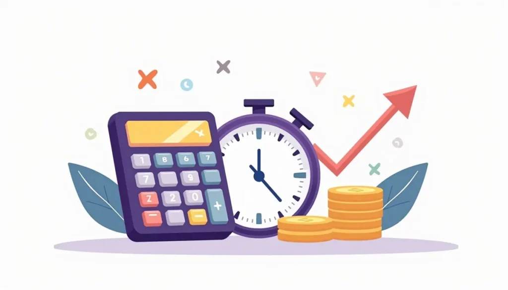 Illustration of a calculator, a clock and coins with an upward arrow, showing how AI automation saves time and money